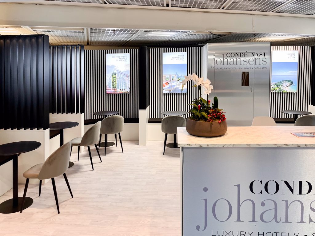 Elegant hotel display with seating area.